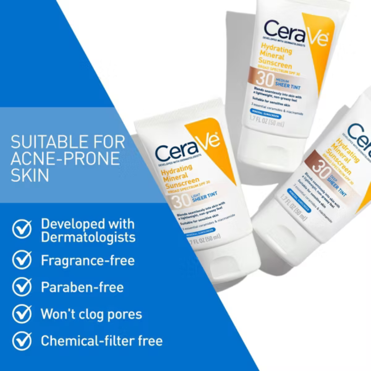 CeraVe Hydrating Mineral Sunscreen SPF30 Face Sheer Tint 50ml