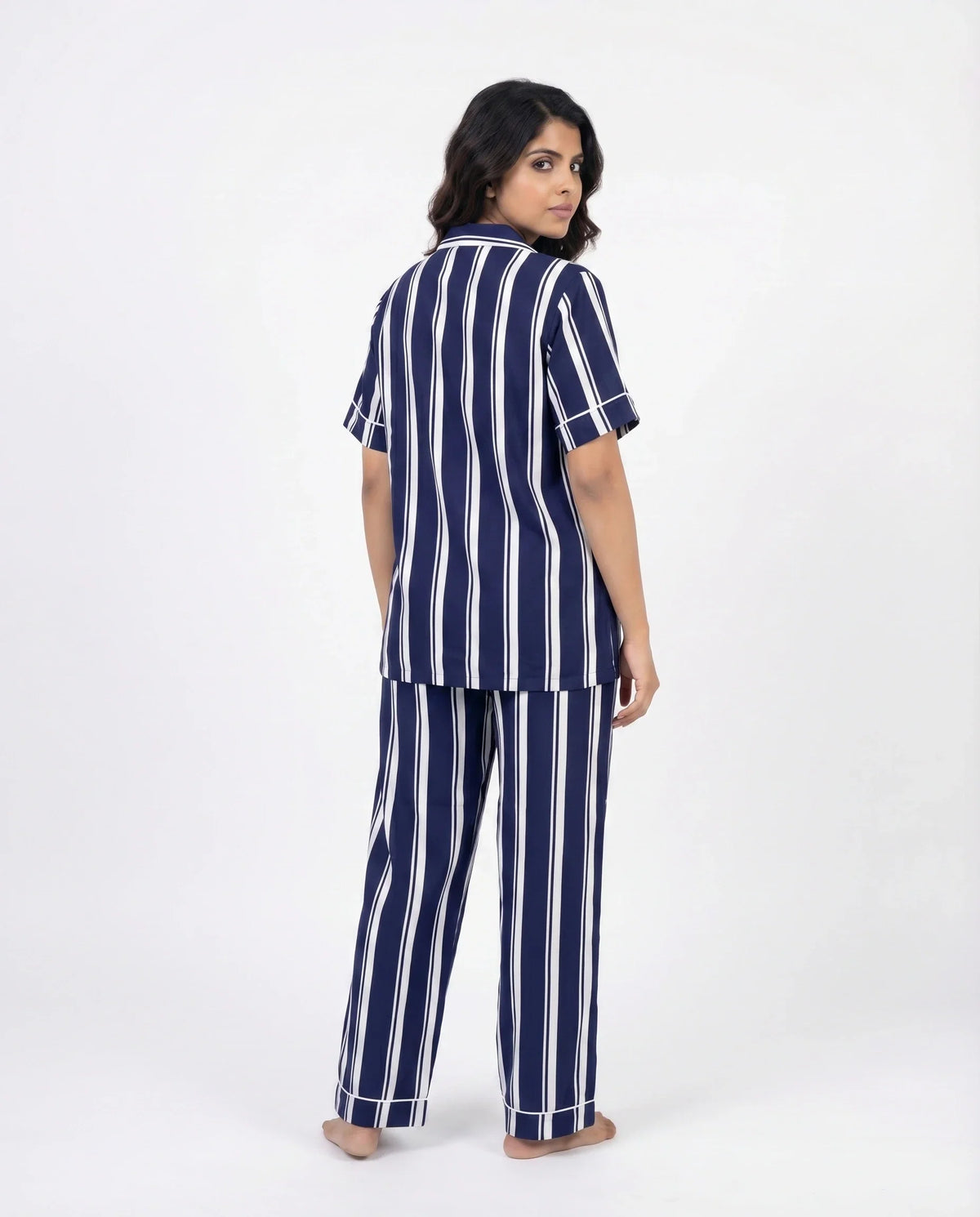 Sajiero Linen PJ Set Navy Stripe