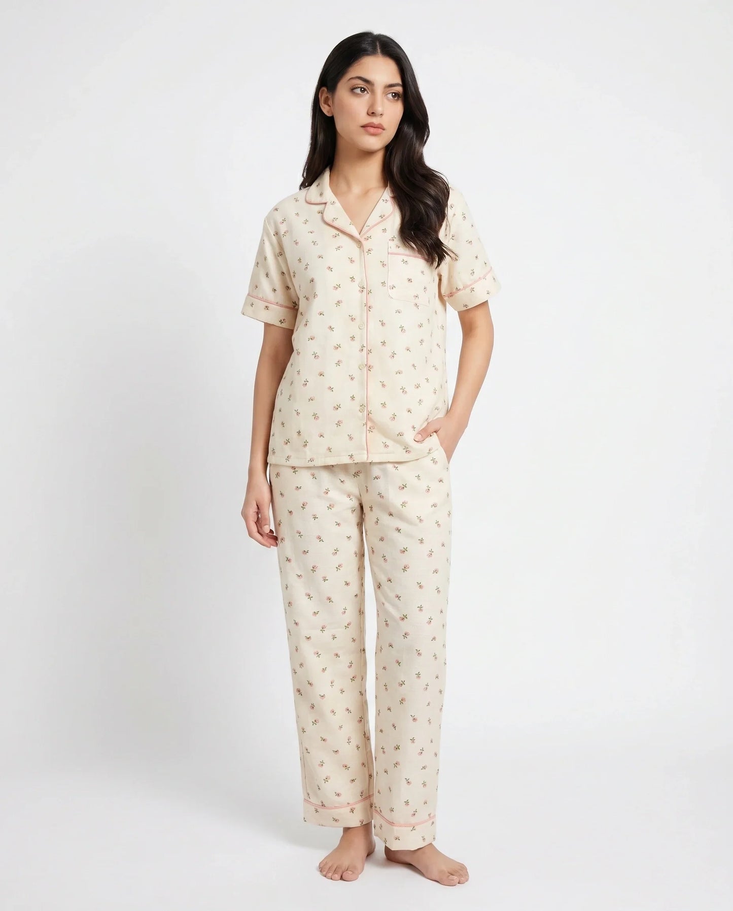 Sajiero Summer Crinkled Pajama Suit Flora Beige