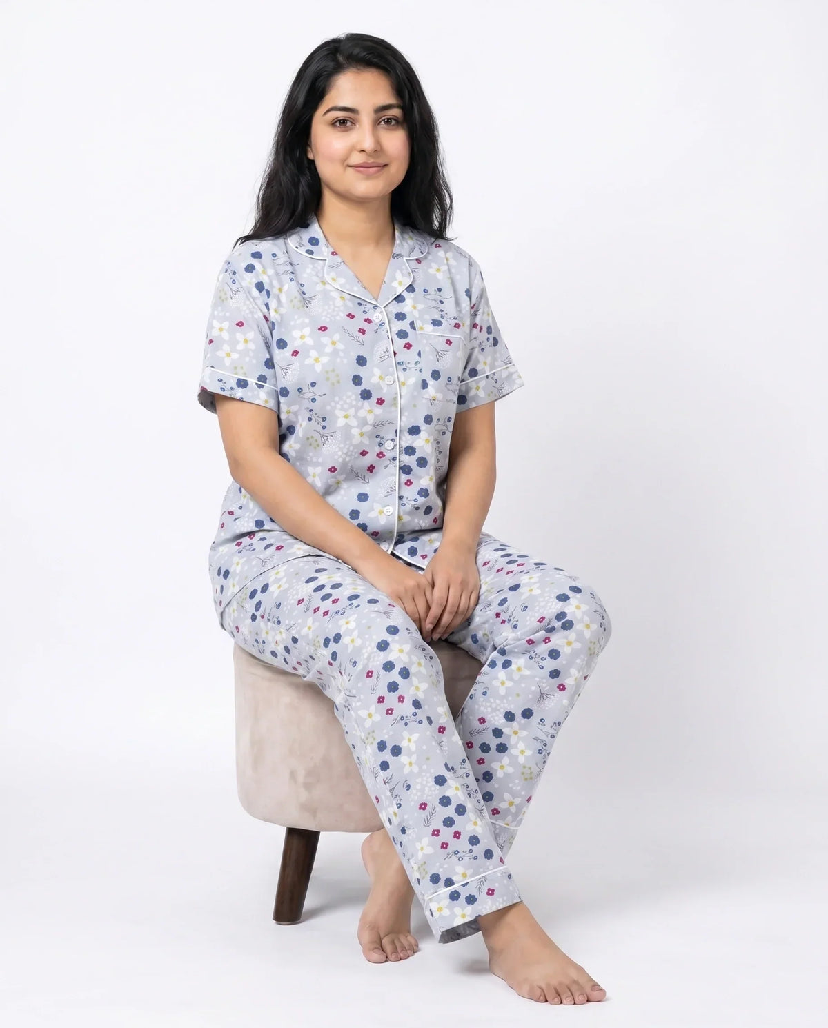 Sajiero Linen PJ Set Floral Grey
