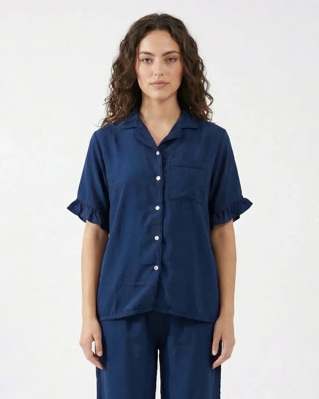 Sajiero Half Sleeves PJ Set Linen Comfort Dark Blue