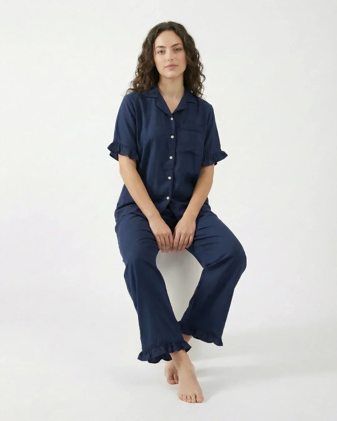 Sajiero Half Sleeves PJ Set Linen Comfort Dark Blue
