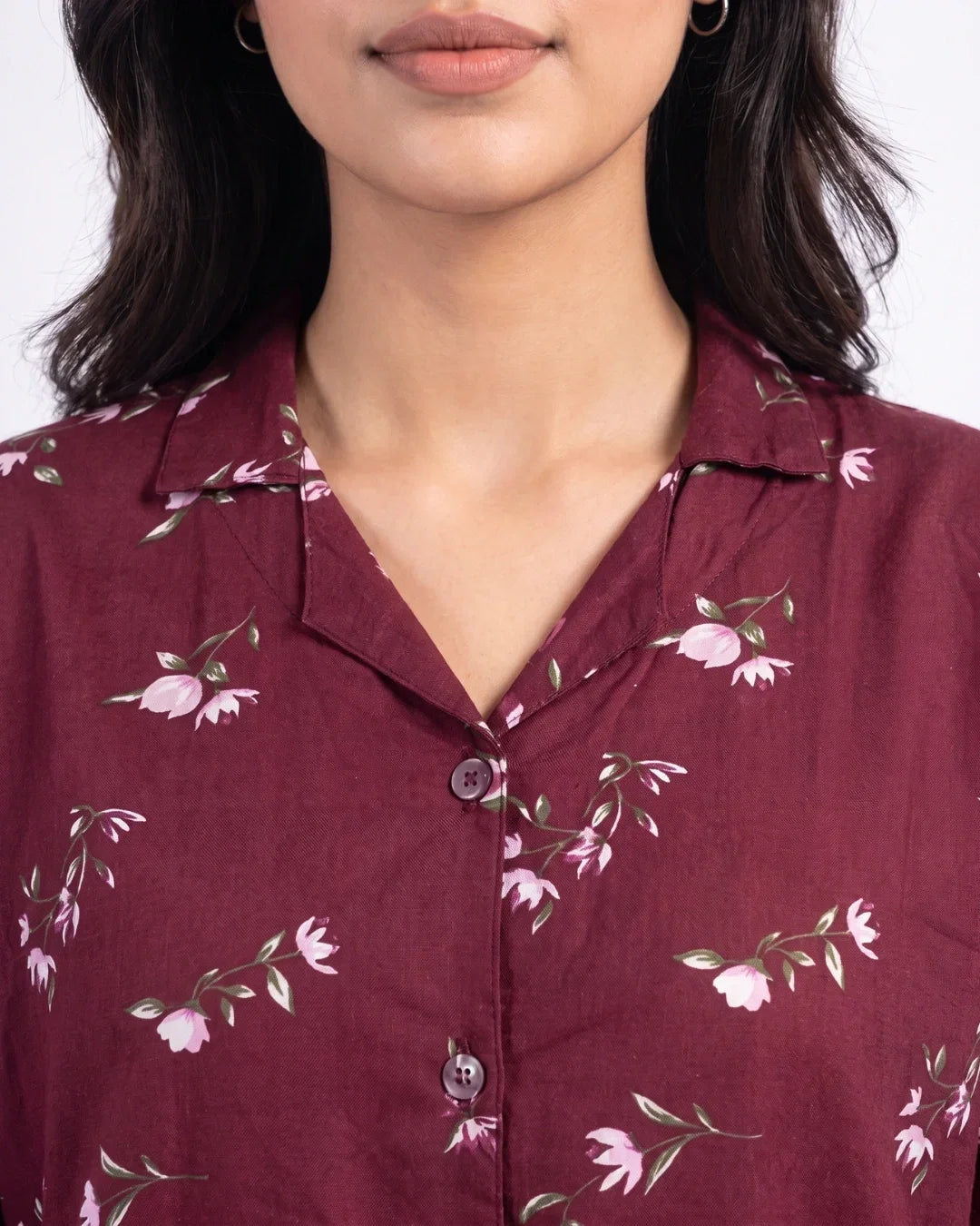 Sajiero Linen Oversized PJ Set Floral Breeze Maroon