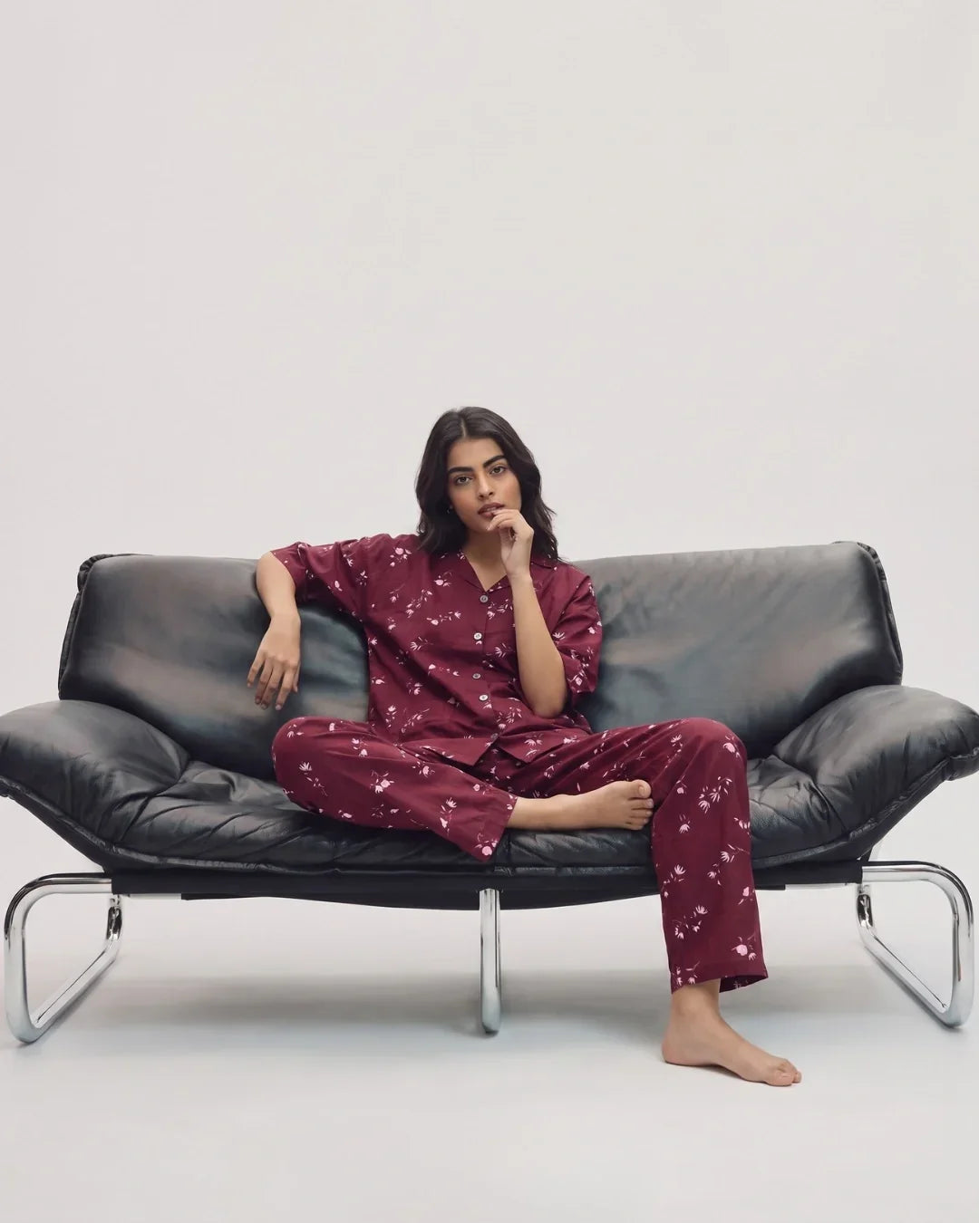 Sajiero Linen Oversized PJ Set Floral Breeze Maroon