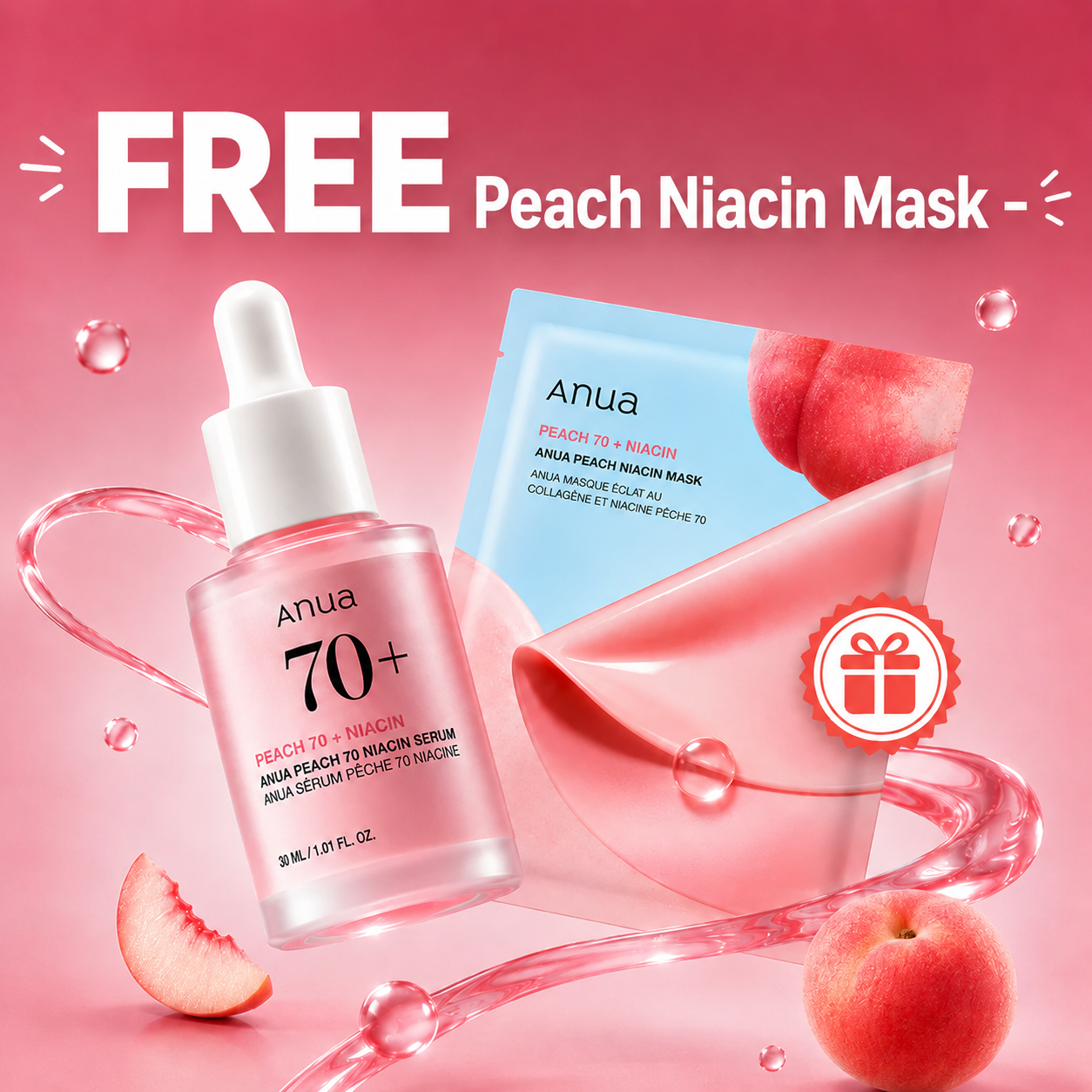 Anua Peach 70+ Niacin Serum 30ml + FREE Peach Niacin Mask