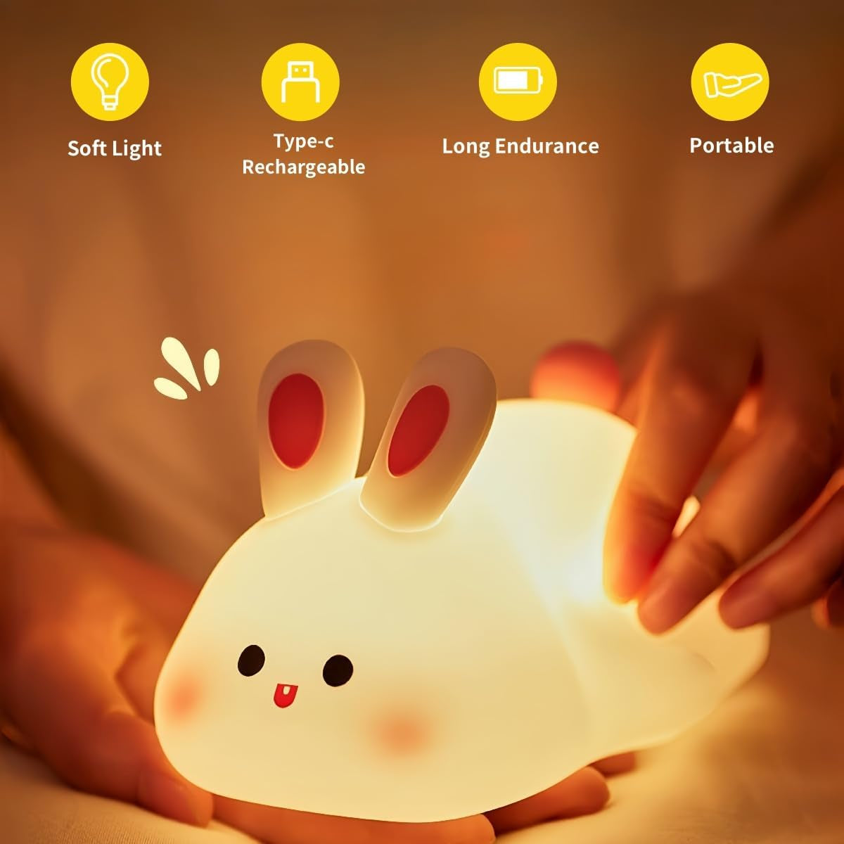 Cute Rabbit Silicone LED Night Light USB Rechargeable Touch Control