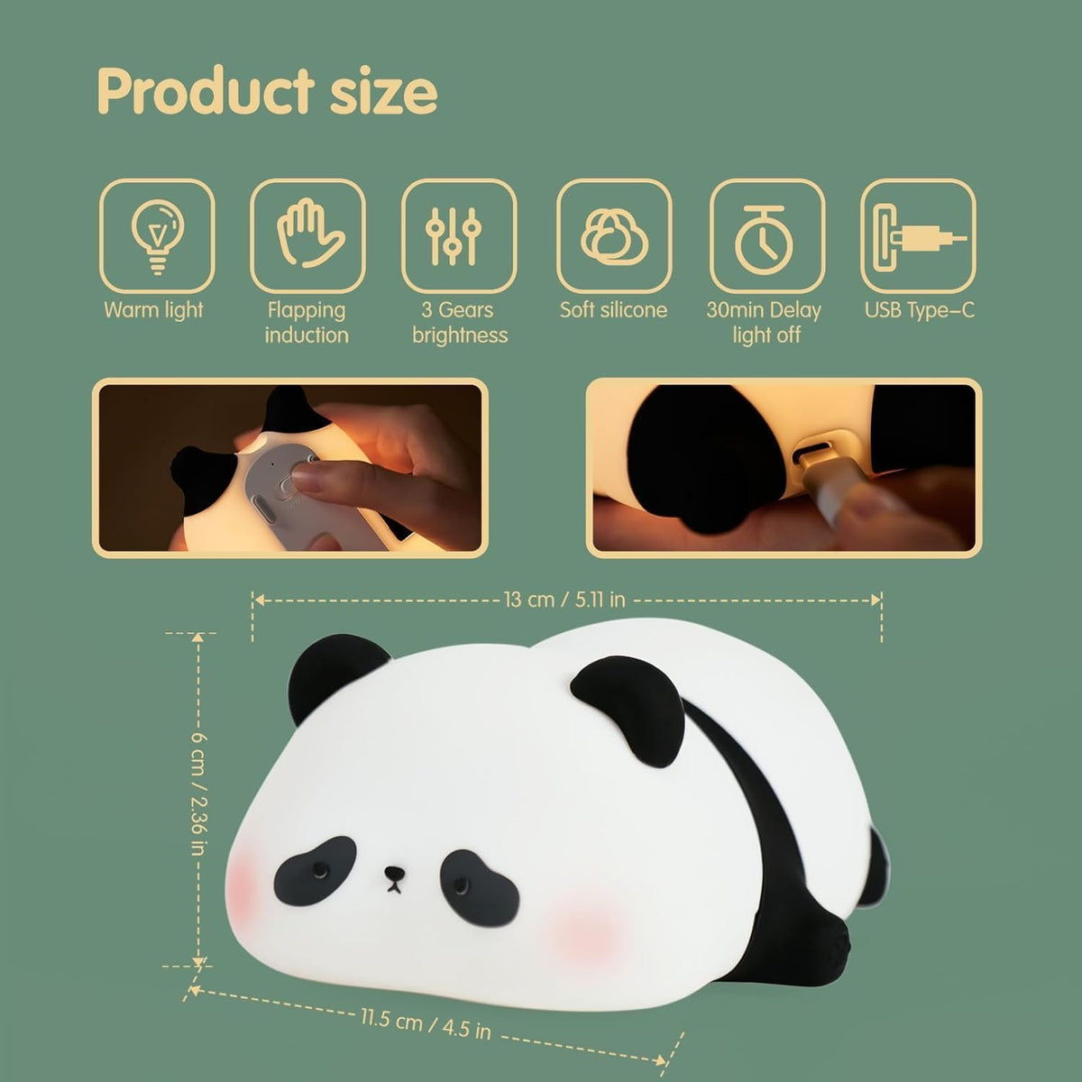 Cute Panda Silicone LED Night Light USB Rechargeable Touch Control