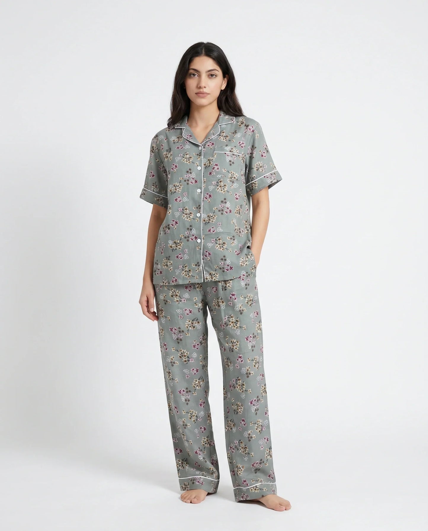 Sajiero Linen Pajama Suit Misty Floral