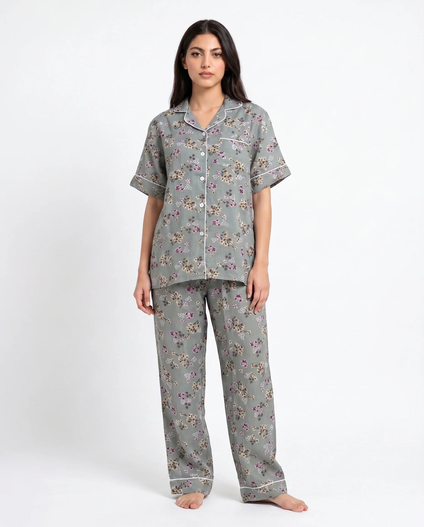 Sajiero Linen Pajama Suit Misty Floral
