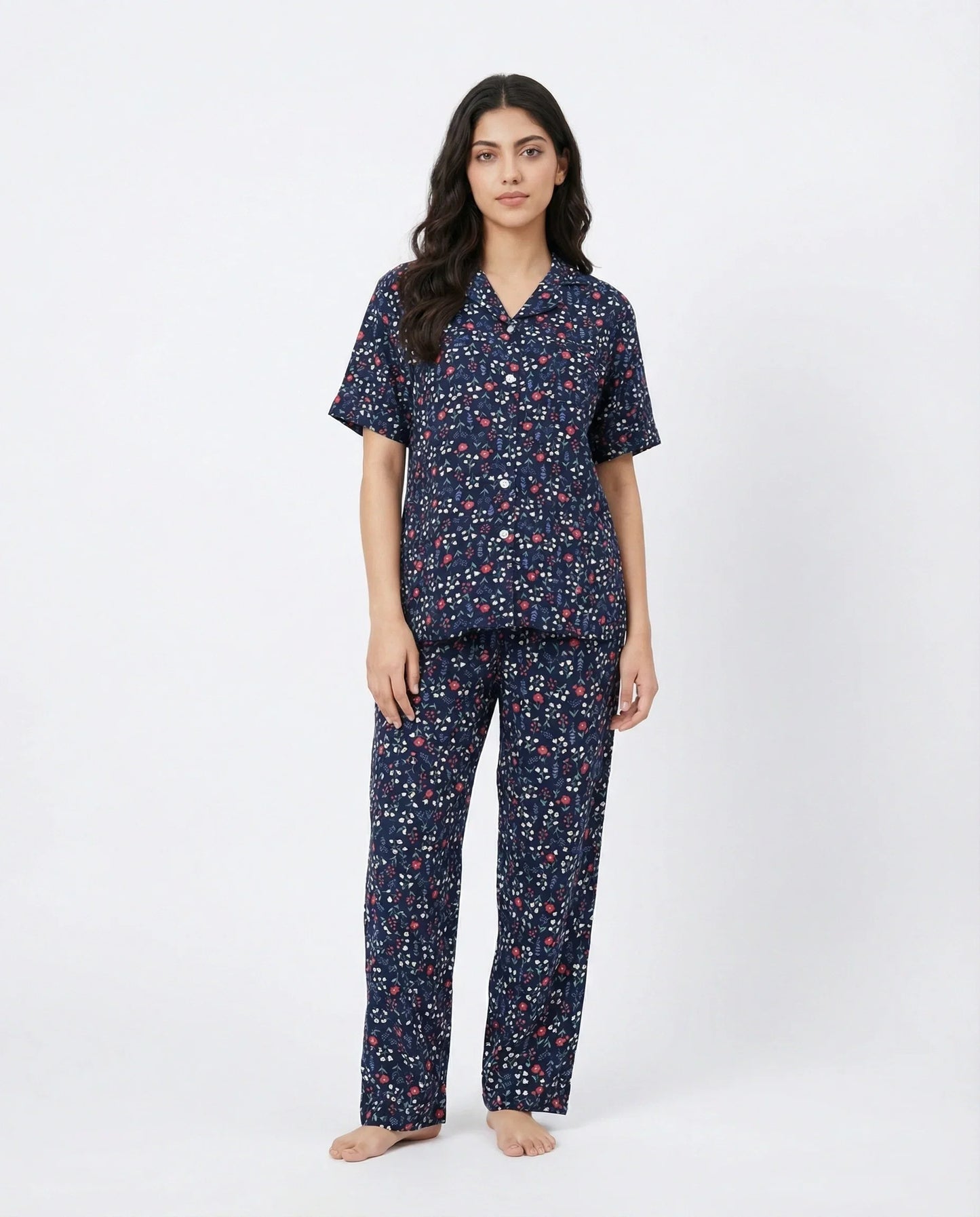 Sajiero Linen Pajama Suit Midnight Flora Blue