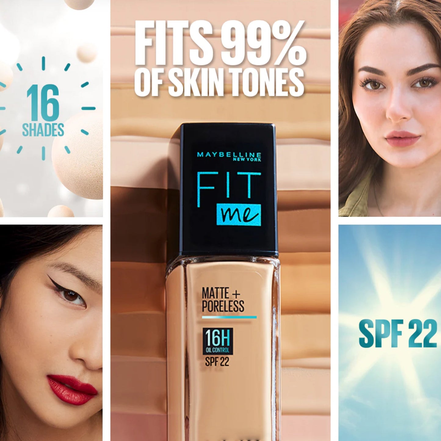 Maybelline Fit Me Matte+Poreless 16H Oil Control Liquid Foundation Normal to Oily Skin SPF 22 PA++ 30ml