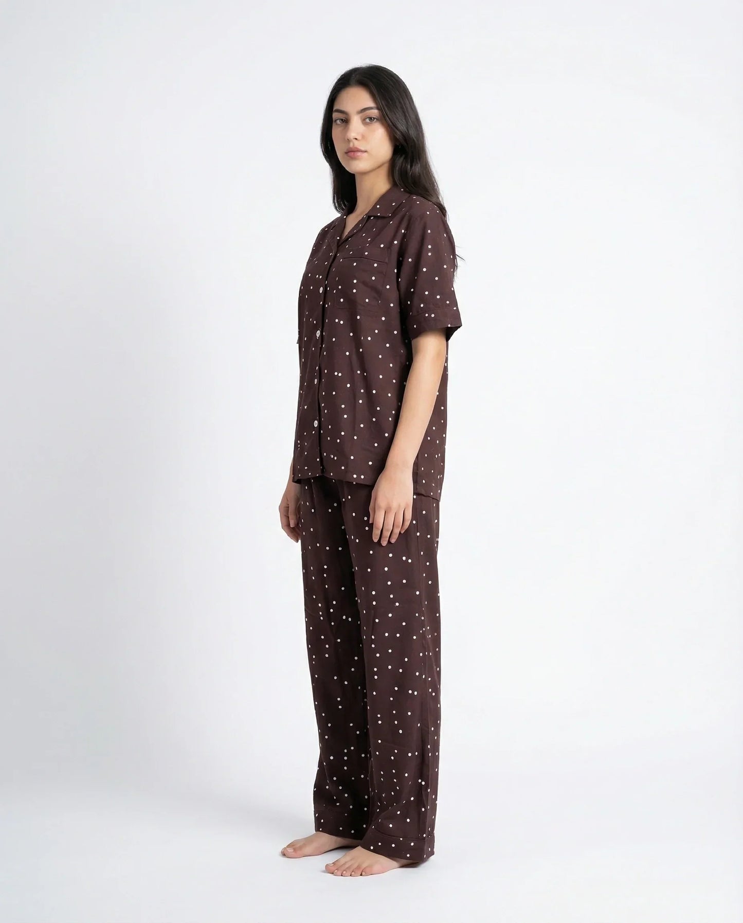 Sajiero Linen Pajama Suit Mocha Dot