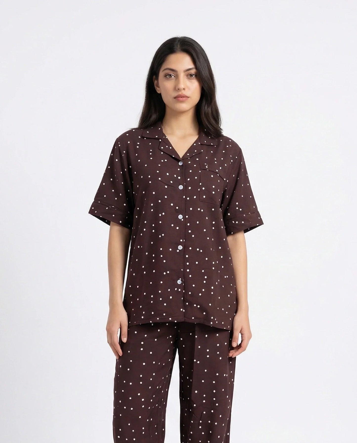 Sajiero Linen Pajama Suit Mocha Dot