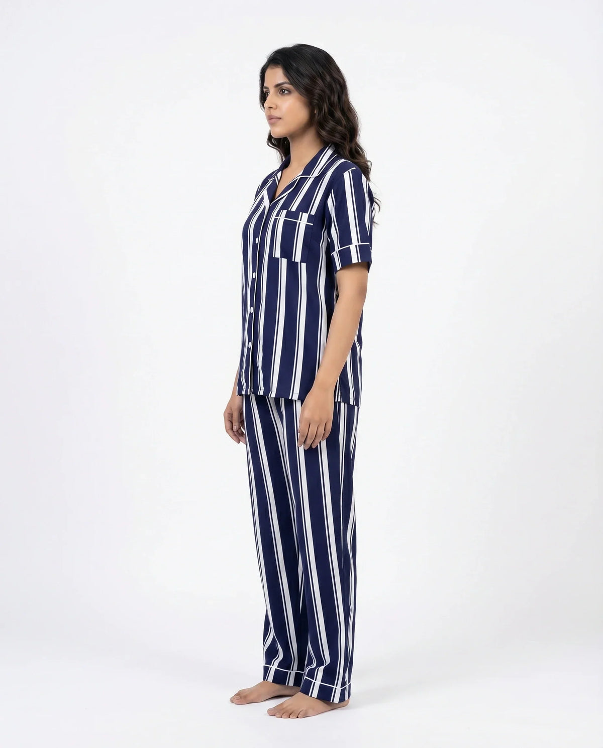 Sajiero Linen PJ Set Navy Stripe