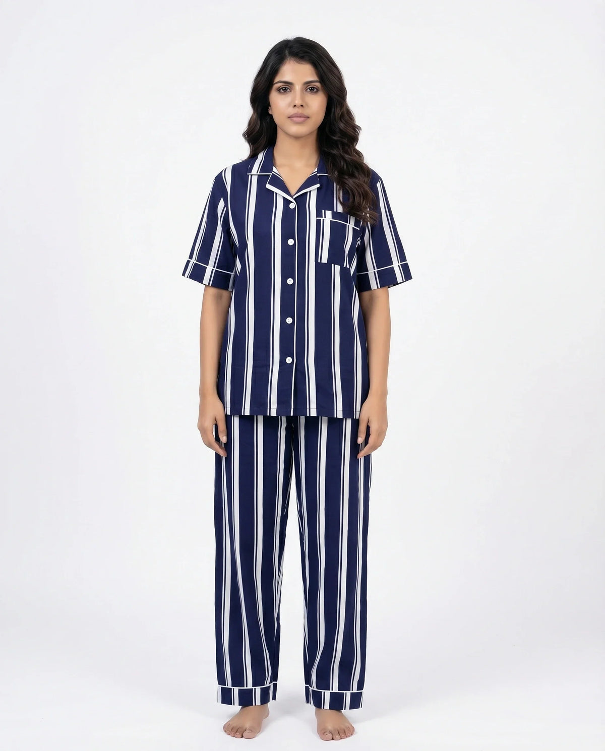 Sajiero Linen PJ Set Navy Stripe