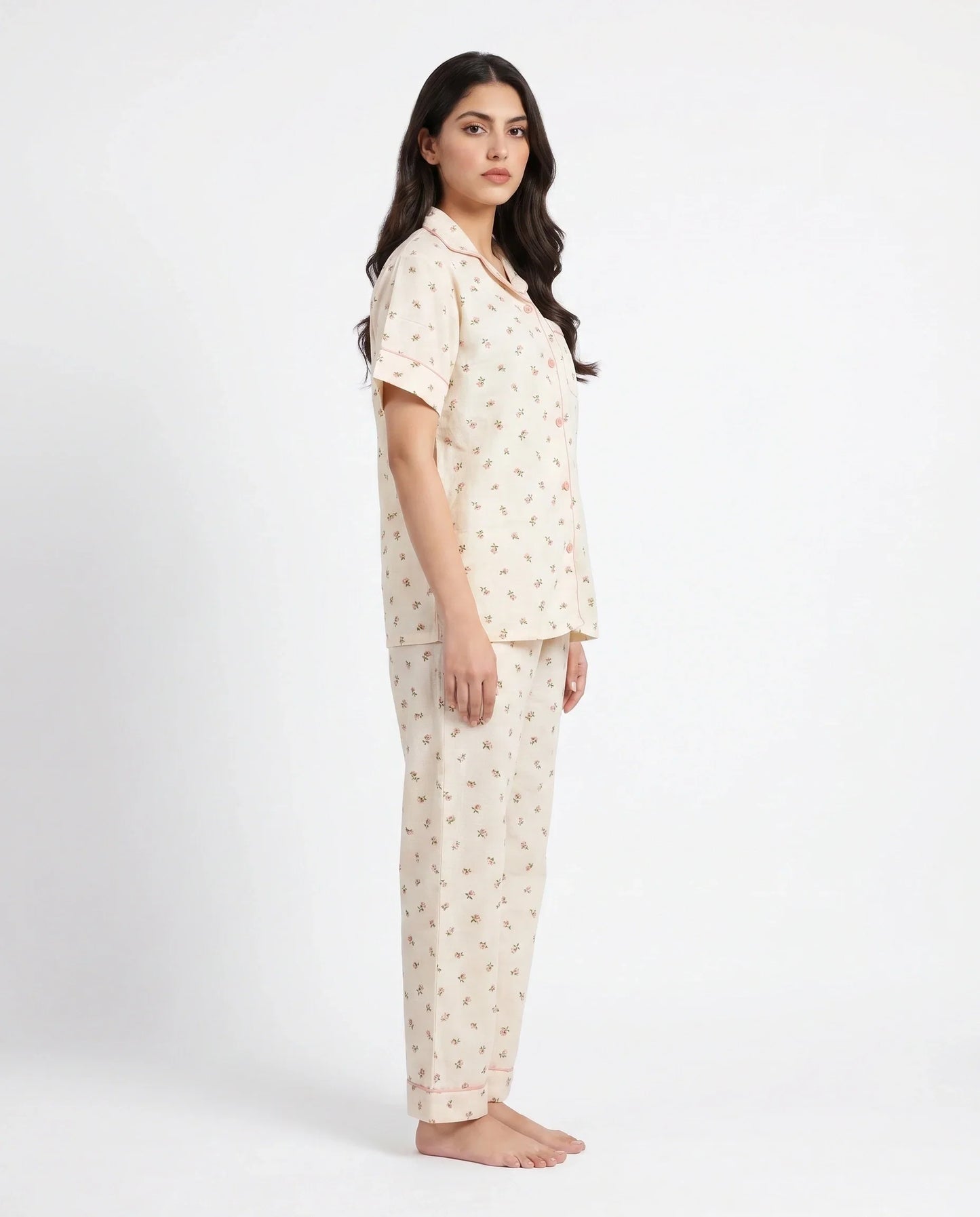 Sajiero Summer Crinkled Pajama Suit Flora Beige