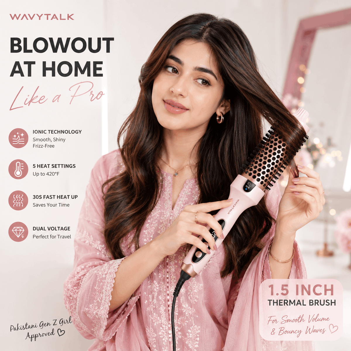 Wavytalk Blowout Ionic Thermal Brush 1.5 Inch Pink