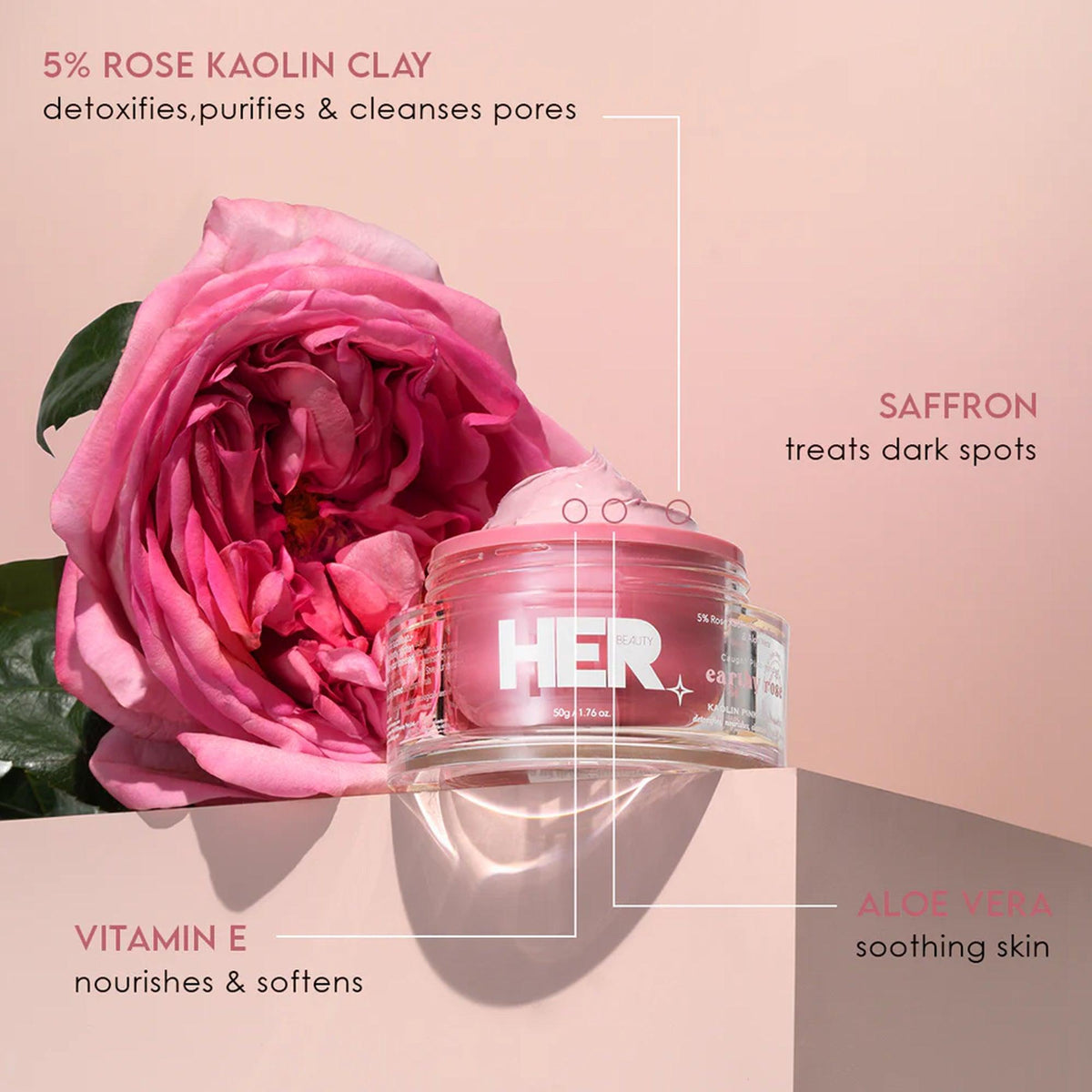 Her Beauty Earthy Rose Kaolin Pink Clay Mask 50gm