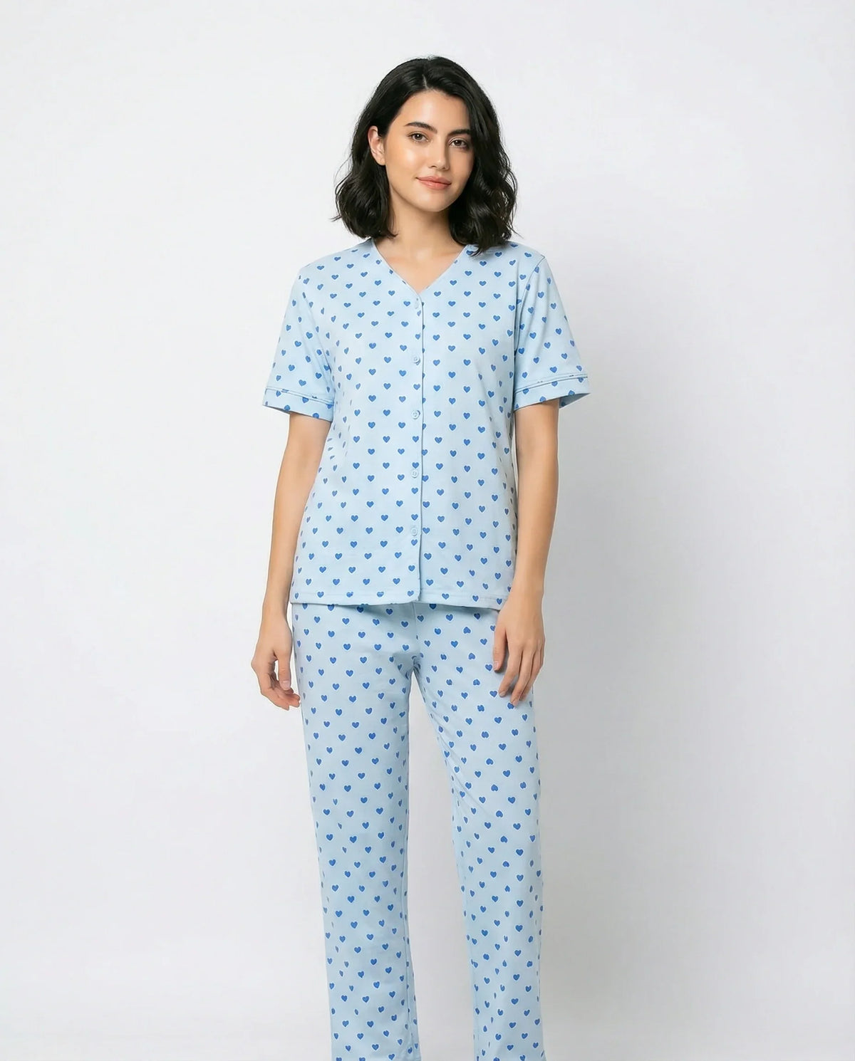 Sajiero Cotton PJ Set Heart Bliss Blue