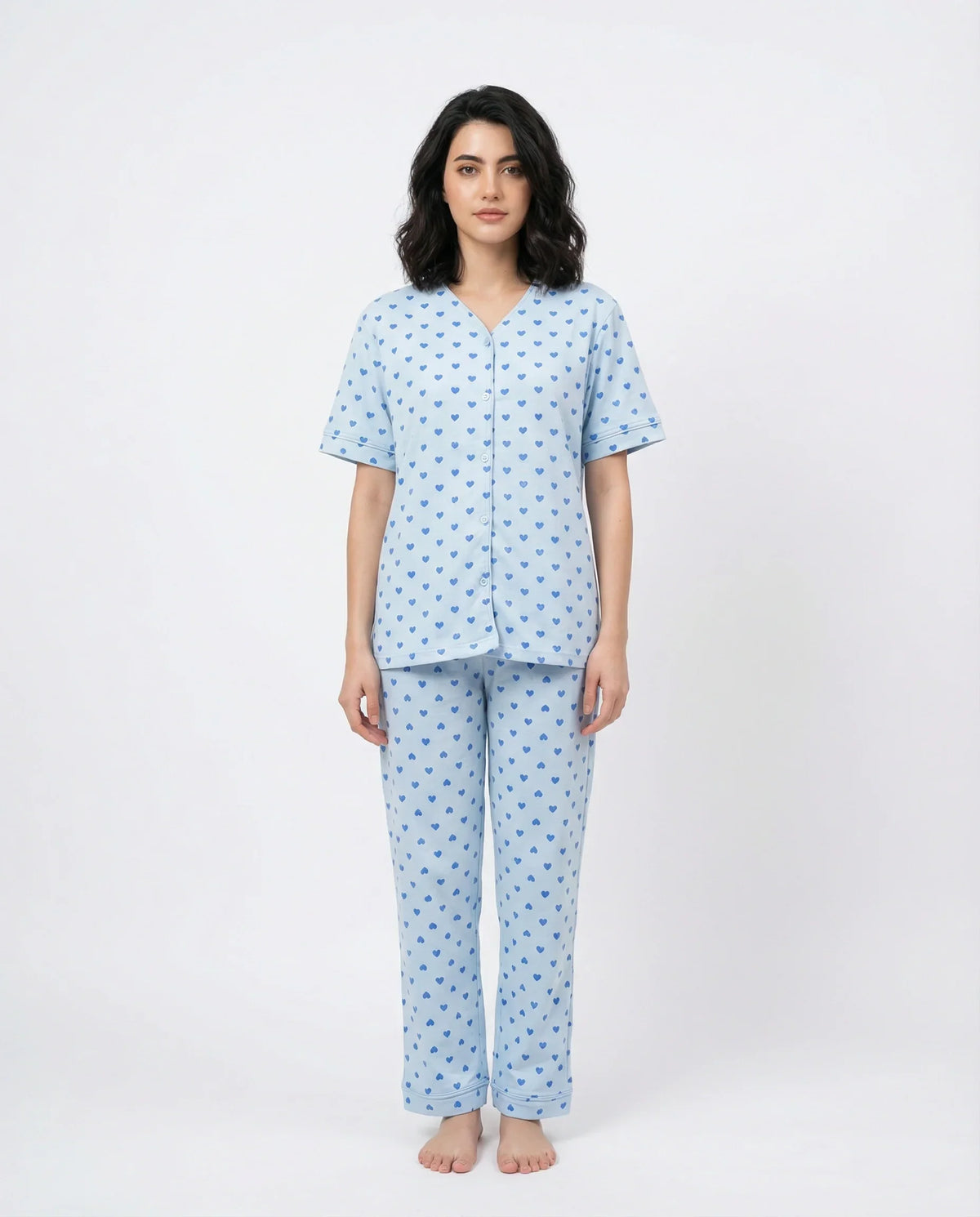 Sajiero Cotton PJ Set Heart Bliss Blue