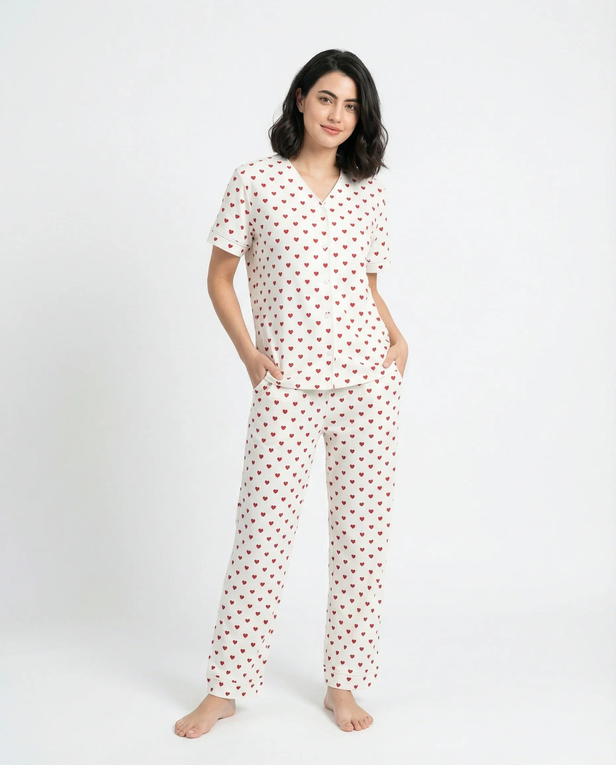 Sajiero Cotton PJ Set Heart Bliss White
