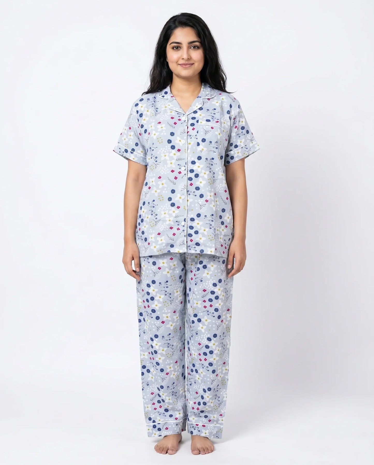 Sajiero Linen PJ Set Floral Grey