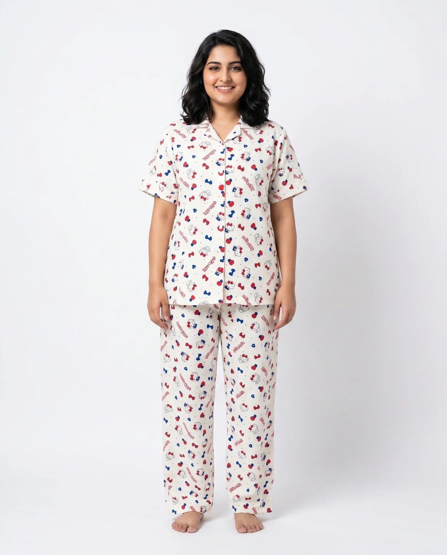 Sajiero Summer Crinkled Pajama Suit Kitty Charm