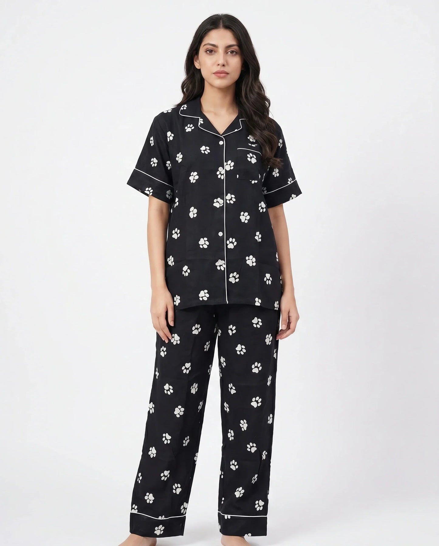 Sajiero Linen Pajama Suit Pawsette Black