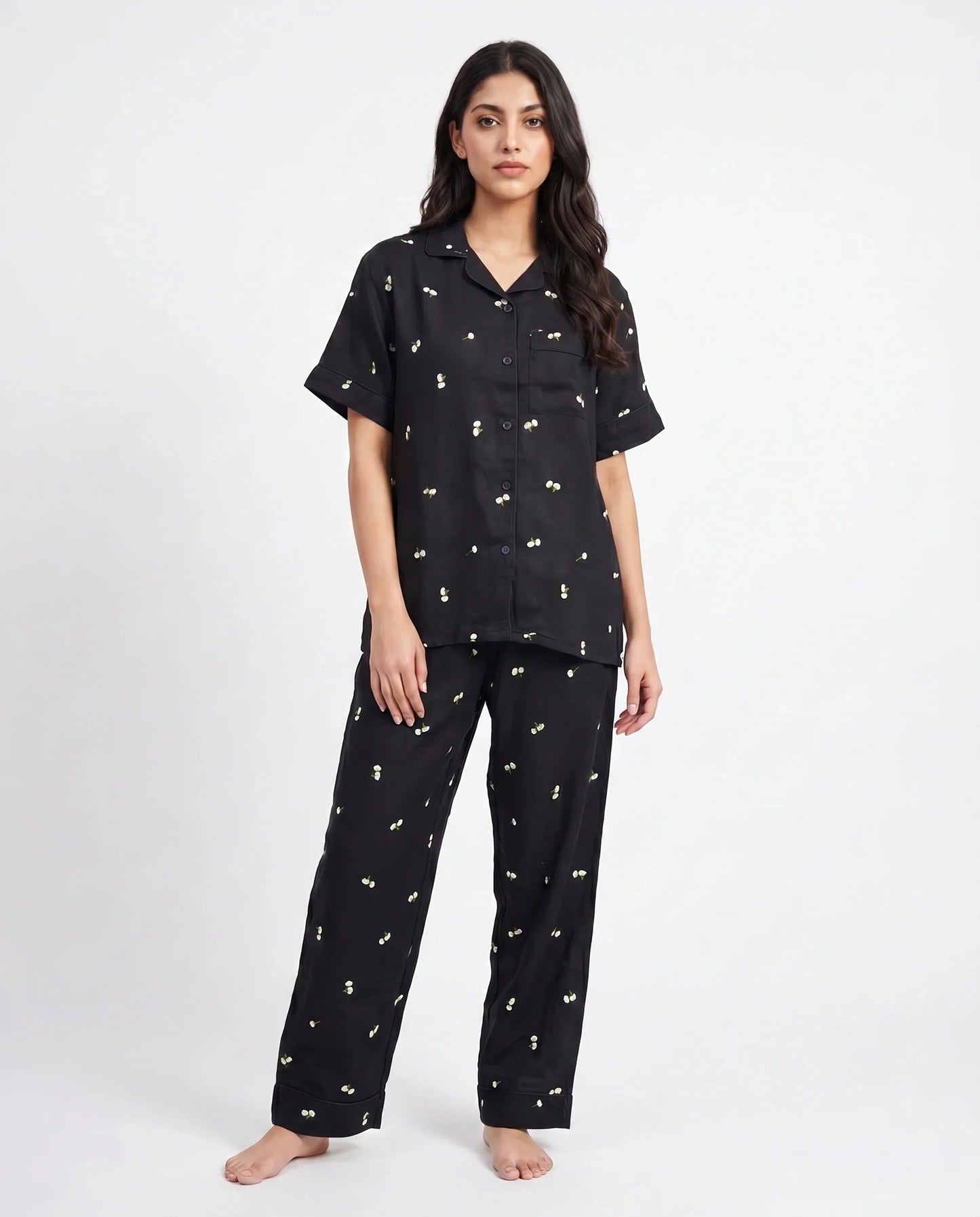 Sajiero Linen Pajama Suit Moonlight Bloom Black