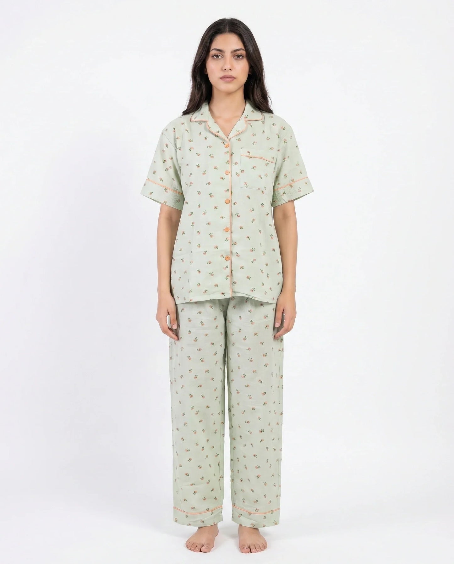 Sajiero Summer Crinkled Pajama Suit Flora Green