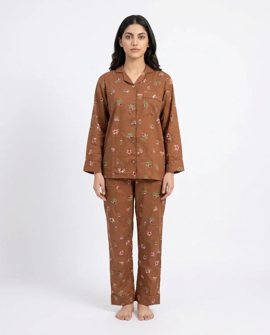 Sajiero Linen Pajama Suit Mocha Flora