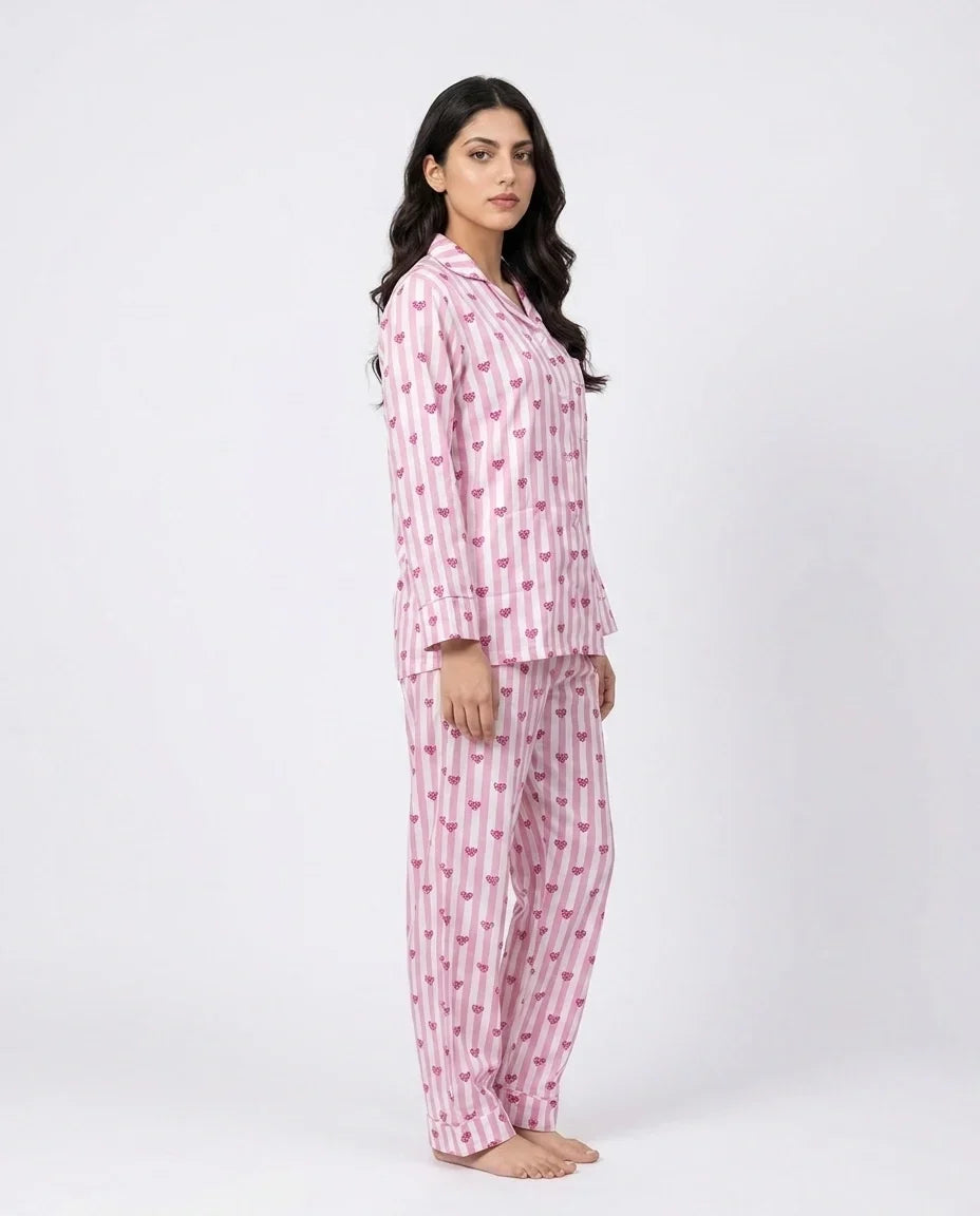 Sajiero Linen Pajama Suit Heart Stripe