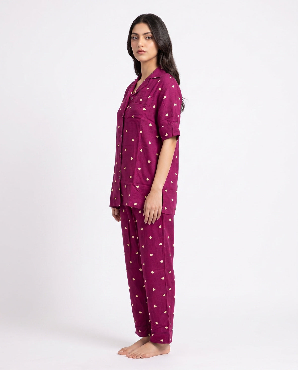 Sajiero Linen Pajama Suit Plum Heart