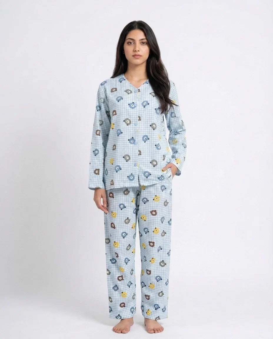 Sajiero Summer Crinkled Pajama Suit Blue Bear