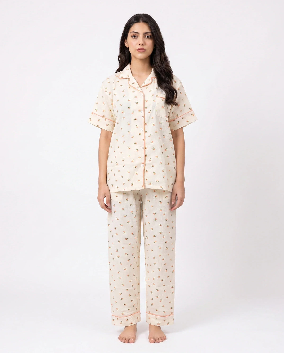 Sajiero Summer Crinkled Pajama Suit Flora Cream