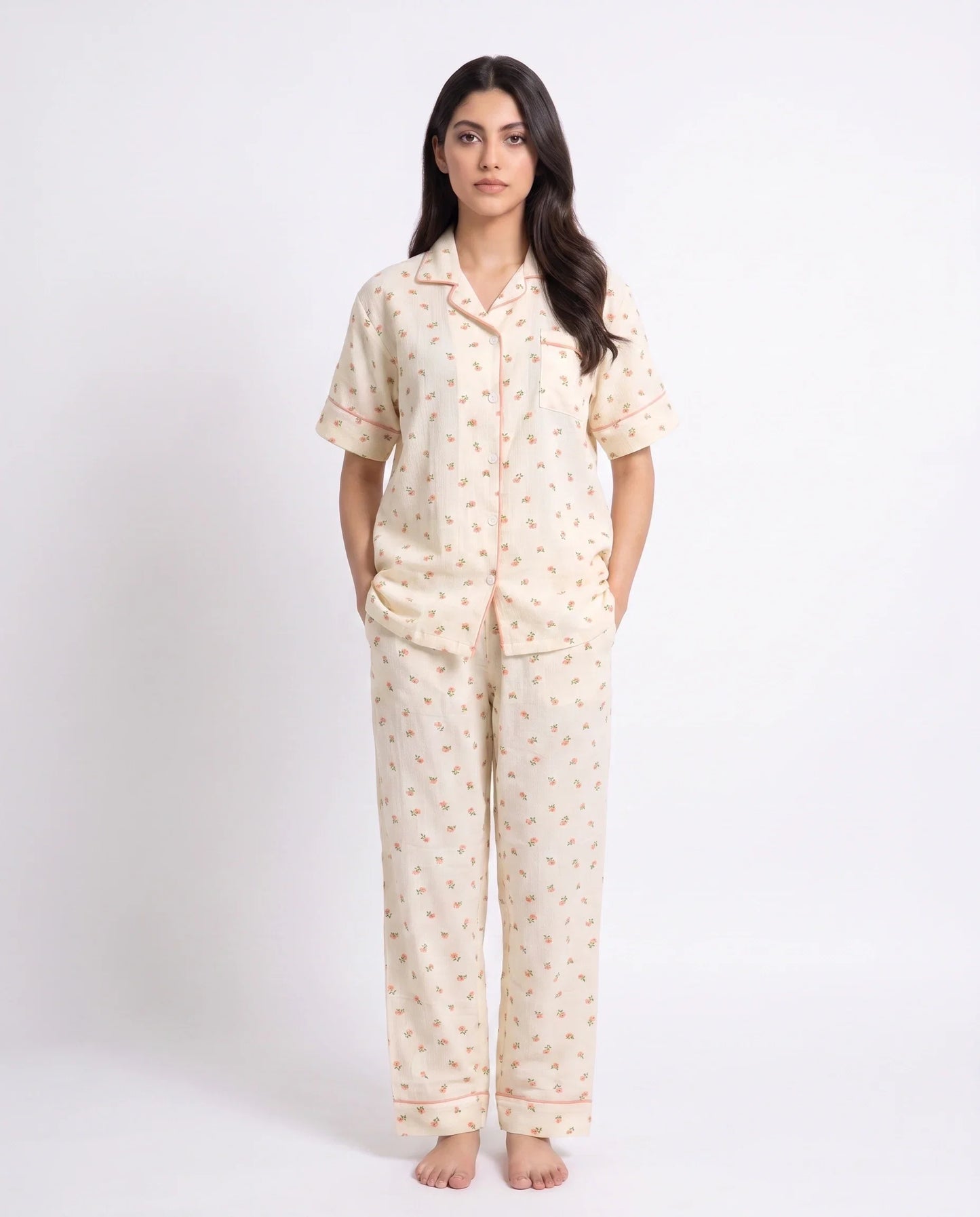 Sajiero Summer Crinkled Pajama Suit Flora Cream