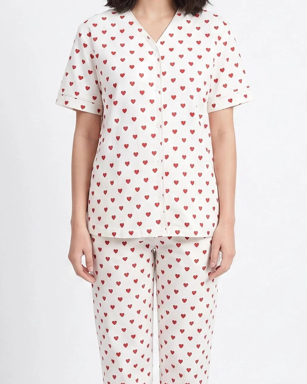 Sajiero Cotton PJ Set Heart Bliss White