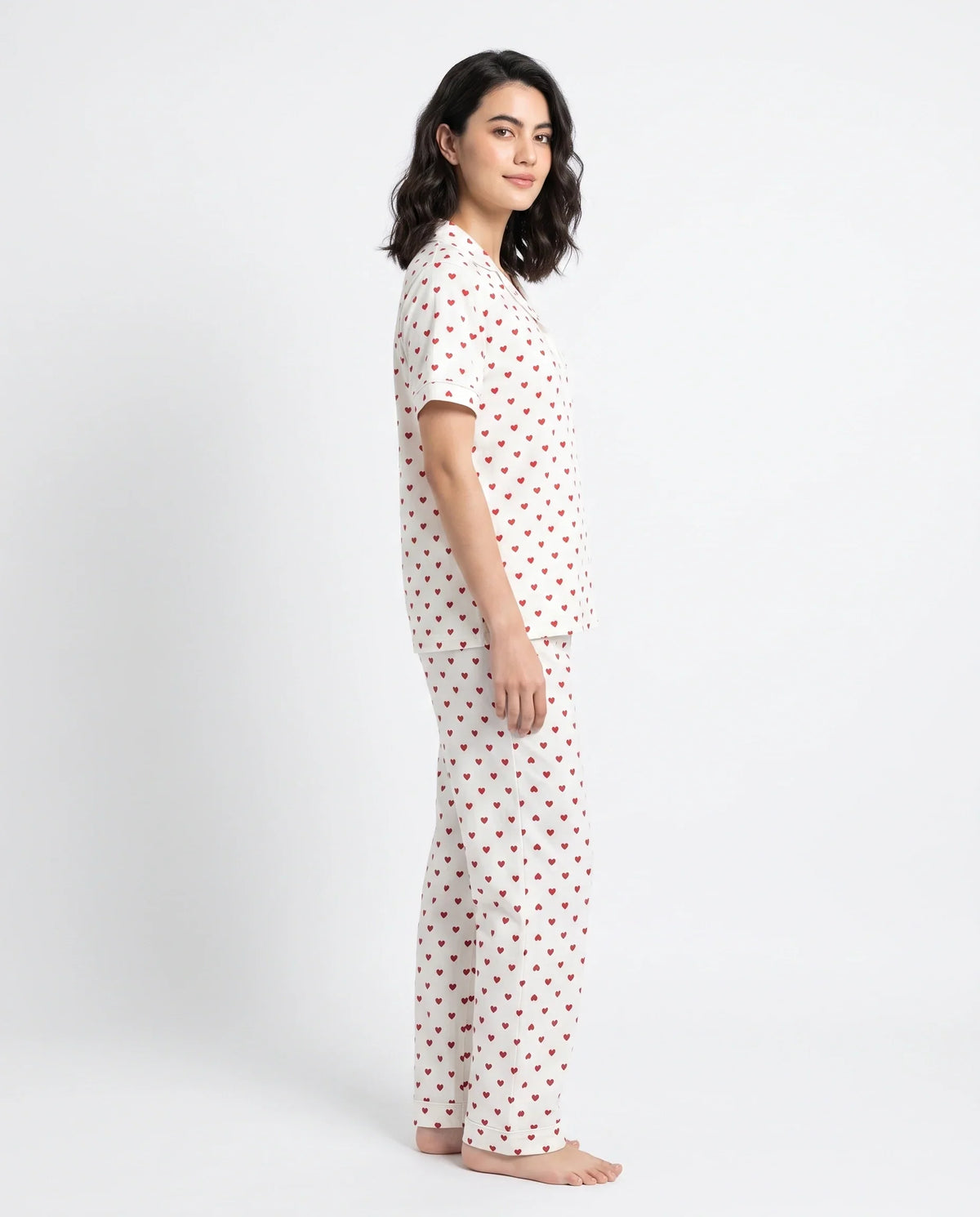 Sajiero Cotton PJ Set Heart Bliss White