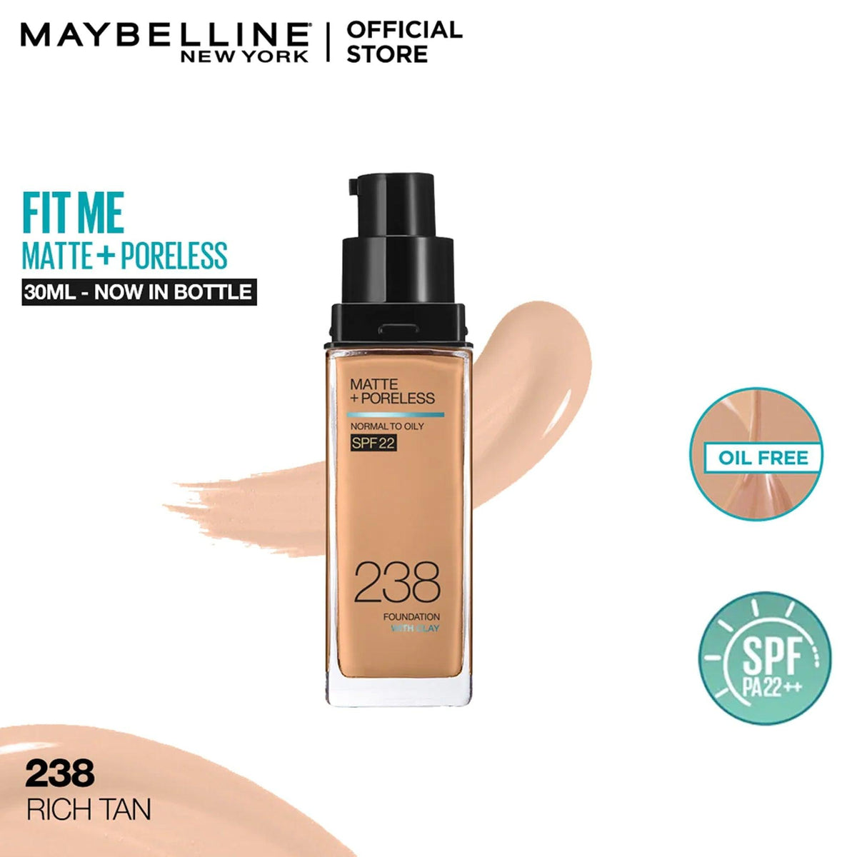 Maybelline Fit Me Matte+Poreless Liquid Foundation With Clay Normal to Oily Skin SPF 22 30ml