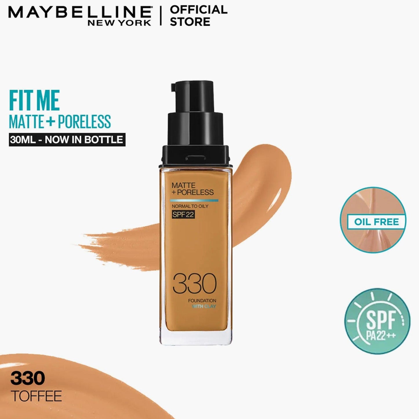 Maybelline Fit Me Matte+Poreless Liquid Foundation With Clay Normal to Oily Skin SPF 22 30ml